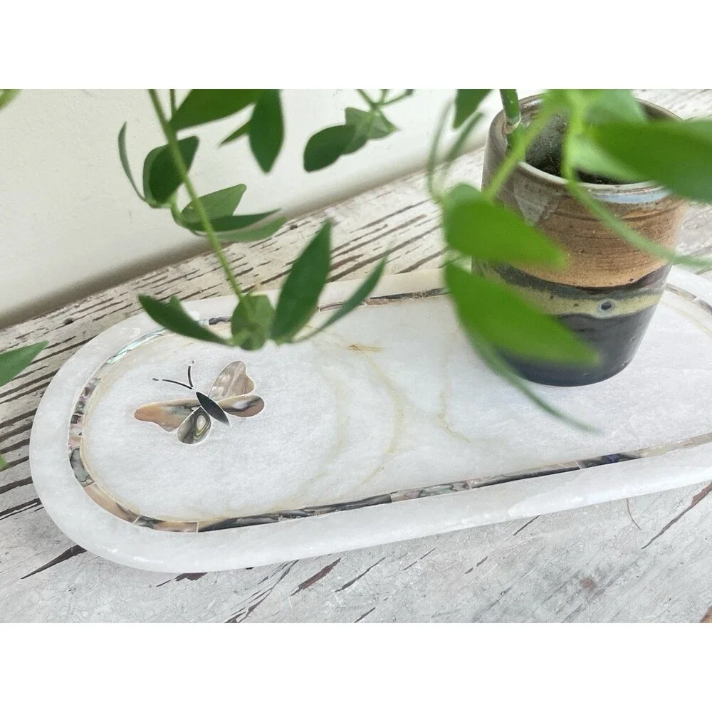Vintage White Quartz Butterfly Mother-Of-Pearl Inlay Decorative Trinket Tray 12”